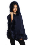 Cable Knitted Hooded Fur Trim Poncho Cape