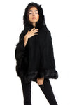 Cable Knitted Hooded Fur Trim Poncho Cape