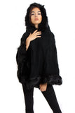 Cable Knitted Hooded Fur Trim Poncho Cape