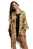 Camel Grid Check Blanket Cape with Tassels