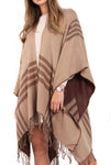 Beige And Brown Check Reversible Tassel Trim Blanket Cape