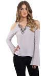 Cold Shoulder Embellished Neckline Bell Sleeve Top