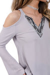 Cold Shoulder Embellished Neckline Bell Sleeve Top