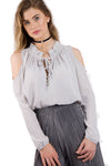 Cold Shoulder Top with Ruffle Collar and Tie Front