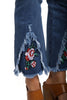 Cropped Flare Floral Embroidered Frayed Hem Stretch Jeans