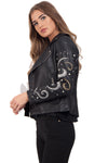 Embellished Pearl Arm Faux Leather Look Biker Jacket