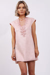 Faux Suede A- Line Swing  60's Style Capped Beaded Neck Sleeve Dress