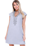 Faux Suede A- Line Swing  60's Style Capped Beaded Neck Sleeve Dress