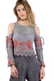 Floral Embroidered Cold Shoulder Top With Crochet Lace Hem
