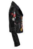 Floral Embroidered Studded Detail Biker Leather Jacket