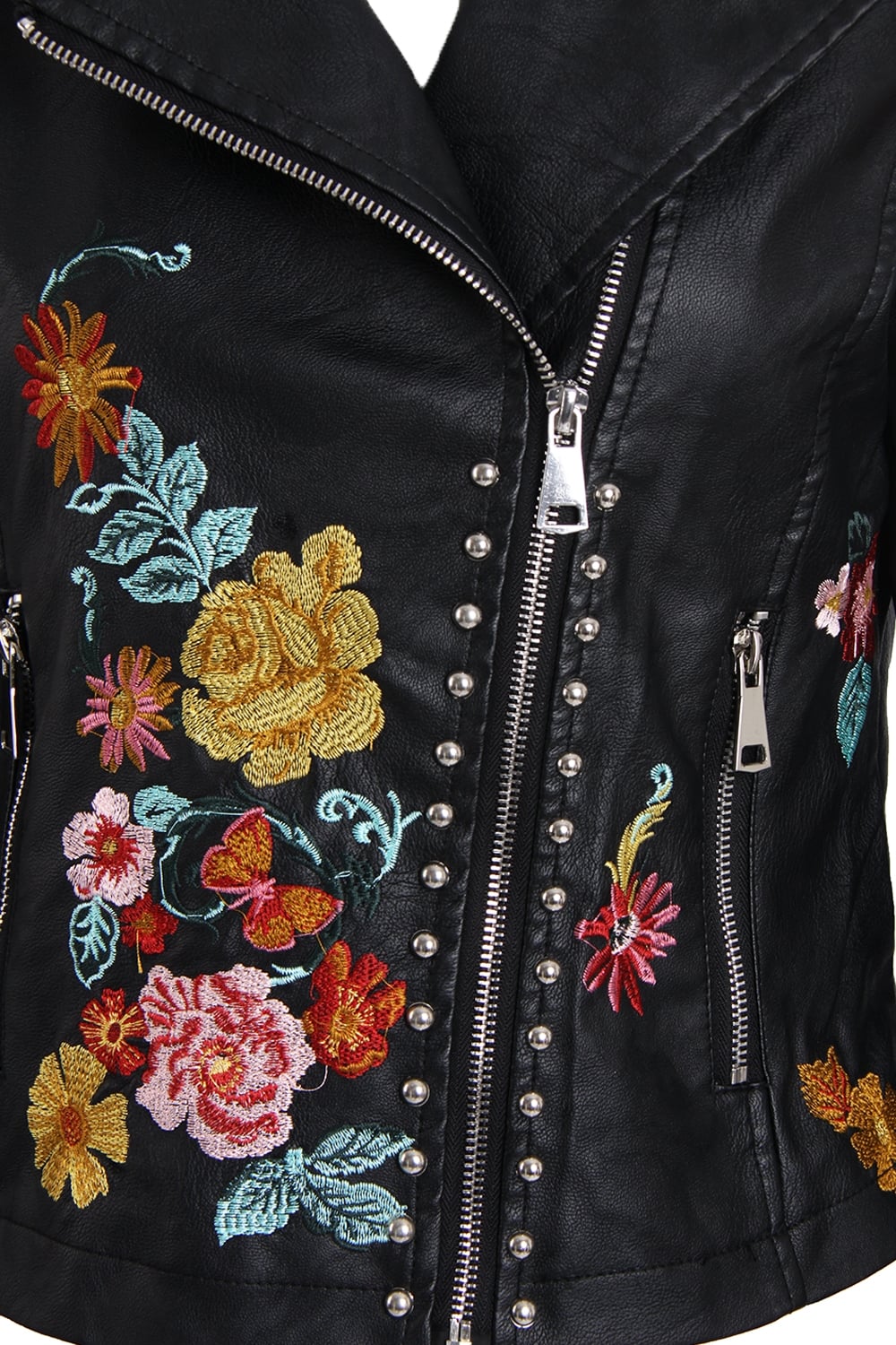 Flower Embroidery Studded Leather Jacket