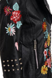Floral Embroidered Studded Detail Biker Leather Jacket