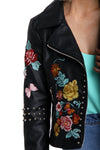 Floral Embroidered Studded Detail Biker Leather Jacket