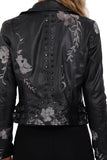 Grey Floral Embroidered Studded Detail Faux Leather Biker Jacket