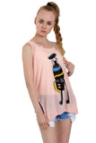 Fashion Illustration Print Sleeveless Knitted Top With Side Split in Pink