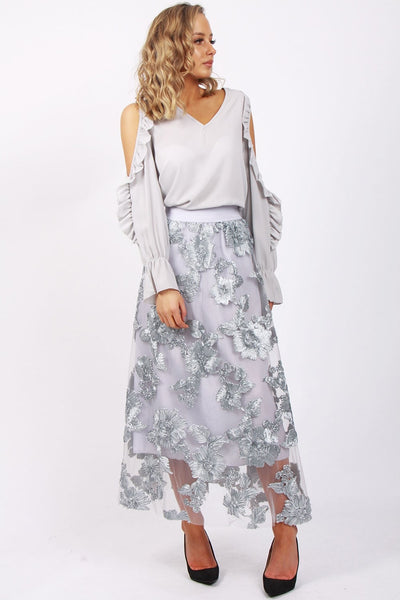 URBAN MIST Grey and Silver Embellished Flowers on netted A-Line Skirt