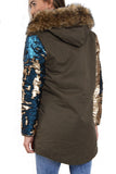 Hooded Two Sided Colour Change Sequin Arms Faux Fur Trim Fleece Parka Jacket Coat