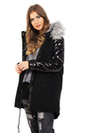 Hooded Two Sided Colour Change Sequin Arms Faux Fur Trim Fleece Parka Jacket Coat