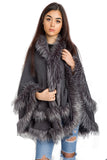 Knitted Double Layer Hooded Faux Fur Swing Cape Poncho