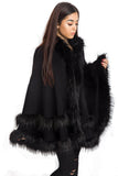 Knitted Double Layer Hooded Faux Fur Swing Cape Poncho