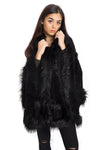 Knitted Double Layer Hooded Faux Fur Swing Cape Poncho