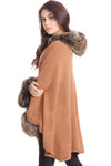 Knitted Faux Fur Trim Hooded Swing Poncho Cape