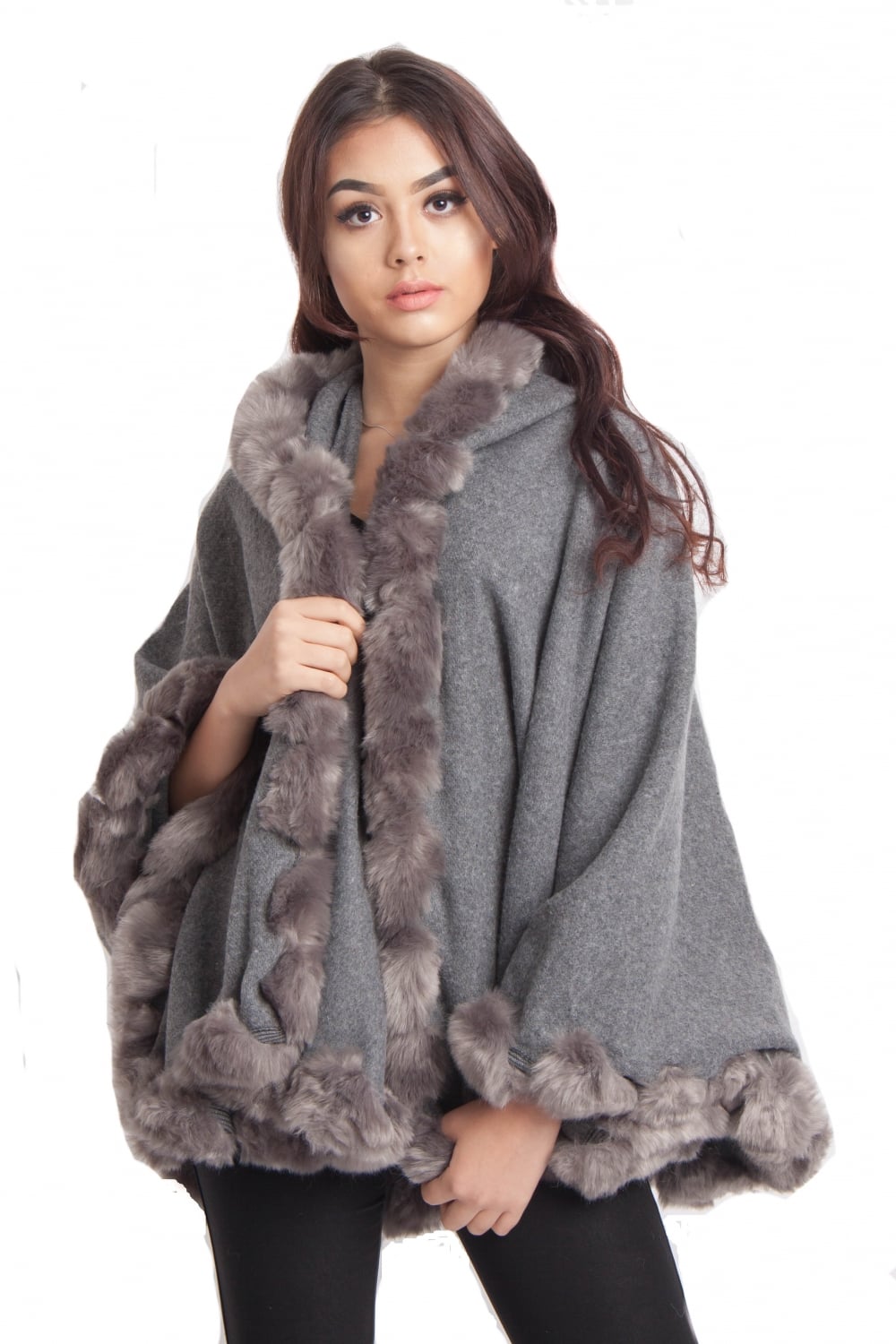 Knitted Soft Faux Fur Trim Poncho with Sleeves Urban Mist UK