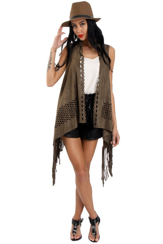 Laser Cut Faux Suede Waterfall Fringed Waistcoat