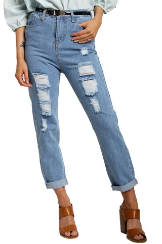 Light Blue High Waisted Distressed Ripped Tapered Skinny Boyfriend Jeans