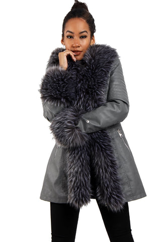 Long Faux Fur Hooded Long Biker Leather Coat Three Colors Available