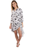 Long Sleeve Floral Print Linen Oversized Drawstring Cowl Neck Top Dress