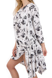 Long Sleeve Floral Print Linen Oversized Drawstring Cowl Neck Top Dress