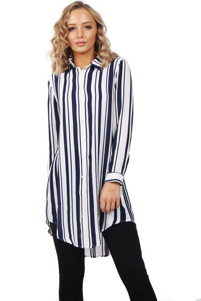 Long Sleeve Striped Shirt Dress With Curved Hem