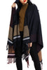 Navy and Mustard Stripe Blanket Cape With Fringe