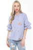 Oversized Stripe Flower Embroidered Ruffle Sleeve Bow Tie Neck Top