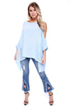 Pin Stripe Oversized Cold Shoulder Lace Insert Top