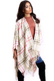 Pink & Beige Tartan Check Blanket Cape with Tassels