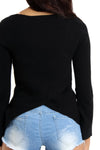 Rib Knit Bell-Sleeve Top With Cross Back