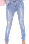 Ripped Diamante Jewel Detail Skinny High Waist Jeans