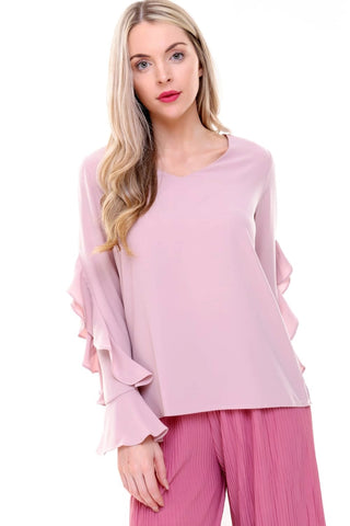 V Neck Ruffle Waterfall Sleeve Blouse Top