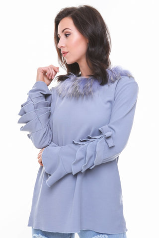 Ruffle Bow Detail Bell Sleeve Fur Trim Collar Knitted Jumper