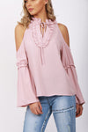 Ruffle Pleat Detail Cold Shoulder Flare Sleeve Blouse Top