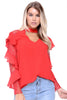 Ruffle Waterfall Lace Sleeve V Neck Choker Blouse Top