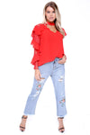 Ruffle Waterfall Lace Sleeve V Neck Choker Blouse Top