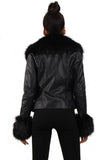 Short Faux Fur Trim Biker Leather Coat