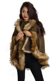 Short Poncho Cape with Faux Fur Hood Cuffs and Trim