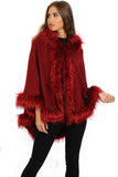 Short Poncho Cape with Faux Fur Hood Cuffs and Trim