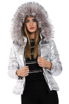 Silver Grey Metallic Shine Faux Fur Puffer Coat Jacket
