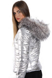 Silver Grey Metallic Shine Faux Fur Puffer Coat Jacket