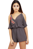 V Neck Cold Shoulder Floral Embroidered Cami Playsuit